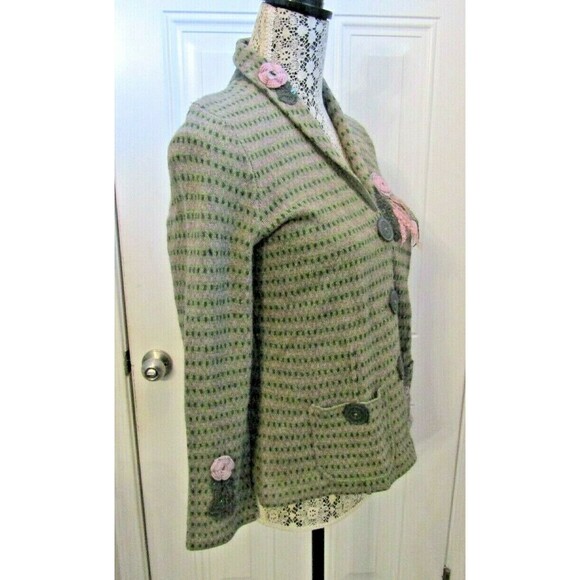 Sigrid Olsen Cardigan Green Wool Blend Knit Sweater Crochet Floral Accents PM - Picture 8 of 12